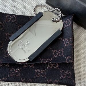 Gucci Silver Dog Tag Keychain with Black Accents
